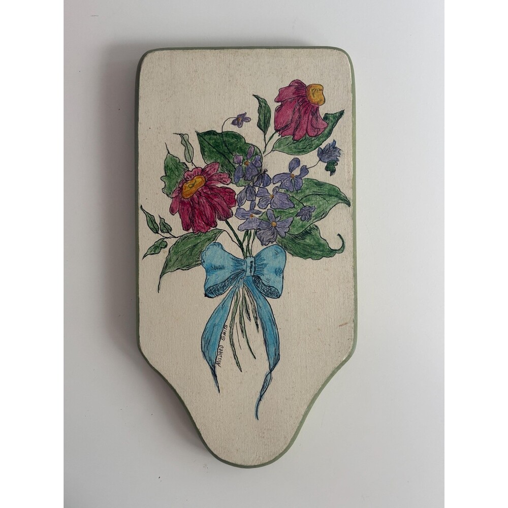 Vintage Hand Painted Wood Floral Wall Plaque Signed Mildred Smith Folk Art
